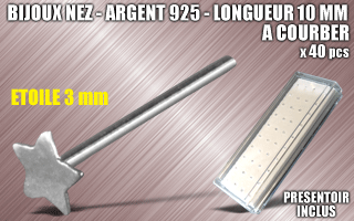 lot de 40 bijoux de nez argent 925 a courber - 10 mm de long - etoile 3 mm - presentoir acrylique inclus.