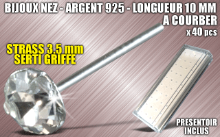 lot de 40 bijoux de nez argent 925 a courber - 10 mm de long - strass cristal serti griffe 3.5 mm - presentoir acrylique inclus.
