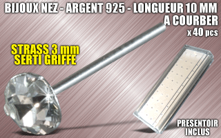 lot de 40 bijoux de nez argent 925 a courber - 10 mm de long - strass cristal serti griffe 3.0 mm - presentoir acrylique inclus.