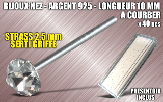 lot de 40 bijoux de nez argent 925 a courber - 10 mm de long - strass cristal serti griffe 2.5 mm - presentoir acrylique inclus.