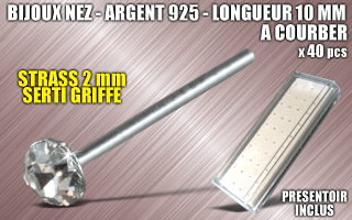 lot de 40 bijoux de nez argent 925 a courber - 10 mm de long - strass cristal serti griffe 2.0 mm - presentoir acrylique inclus.