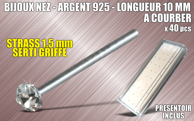 lot de 40 bijoux de nez argent 925 a courber - 10 mm de long - strass cristal serti griffe 1.5 mm - presentoir acrylique inclus.