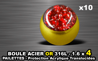 lot de 10 boules acier 316 l or - 1.6 x 4 mm - pailettes avec protection acrylique translucide. rouge