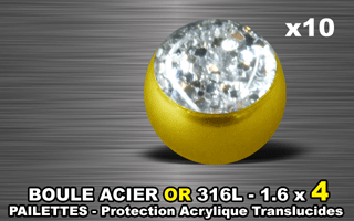 lot de 10 boules acier 316 l or - 1.6 x 4 mm - pailettes avec protection acrylique translucide. cristal