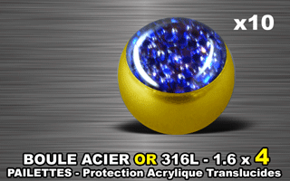 lot de 10 boules acier 316 l or - 1.6 x 4 mm - pailettes avec protection acrylique translucide. bleu