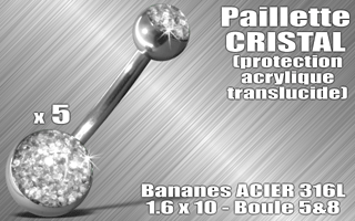 lot de 5 bananes acier 316 l - 1.6 x 10 - boules 5 et 8 mm - paillette cristal - protection acrylique translucide
