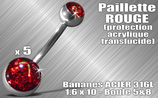 lot de 5 bananes acier 316 l - 1.6 x 10 - boules 5 et 8 mm - paillette rouge - protection acrylique translucide