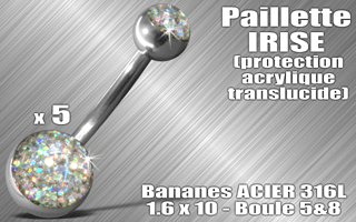 lot de 5 bananes acier 316 l - 1.6 x 10 - boules 5 et 8 mm - paillette irise - protection acrylique translucide