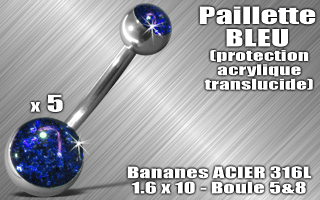 lot de 5 bananes acier 316 l - 1.6 x 10 - boules 5 et 8 mm - paillette bleu - protection acrylique translucide