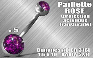 lot de 5 bananes acier 316 l - 1.6 x 10 - boules 5 et 8 mm - paillette rose - protection acrylique translucide