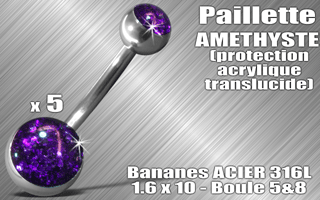 lot de 5 bananes acier 316 l - 1.6 x 10 - boules 5 et 8 mm - paillette amethyste - protection acrylique translucide