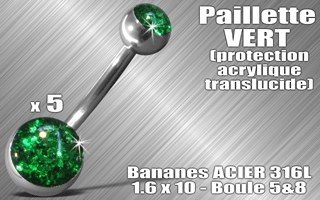 lot de 5 bananes acier 316 l - 1.6 x 10 - boules 5 et 8 mm - paillette vert - protection acrylique translucide