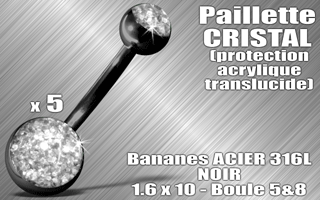 lot de 5 bananes acier 316 l noir - 1.6 x 10 - boules 5 et 8 mm - paillette cristal - protection acrylique translucide