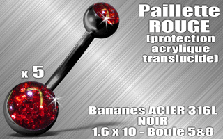 lot de 5 bananes acier 316 l noir - 1.6 x 10 - boules 5 et 8 mm - paillette rouge - protection acrylique translucide