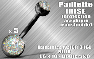 lot de 5 bananes acier 316 l noir - 1.6 x 10 - boules 5 et 8 mm - paillette irise - protection acrylique translucide