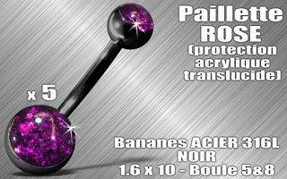 lot de 5 bananes acier 316 l noir - 1.6 x 10 - boules 5 et 8 mm - paillette rose - protection acrylique translucide