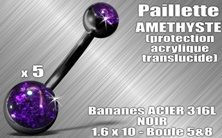 lot de 5 bananes acier 316 l noir - 1.6 x 10 - boules 5 et 8 mm - paillette amethyste - protection acrylique translucide