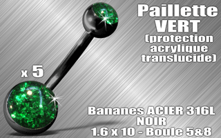 lot de 5 bananes acier 316 l noir - 1.6 x 10 - boules 5 et 8 mm - paillette vert - protection acrylique translucide