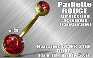 lot de 5 bananes acier 316 l dore - 1.6 x 10 - boules 5 et 8 mm - paillette rouge - protection acrylique translucide