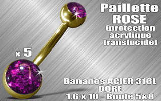lot de 5 bananes acier 316 l dore - 1.6 x 10 - boules 5 et 8 mm - paillette rose - protection acrylique translucide