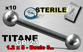 lot de 10 microbell titane grade 23 - 1.2 x 8 - 3 mm boules - sterilise. mentions au dos du sachet : matiere du bijou - date de peremption - type de sterilisation