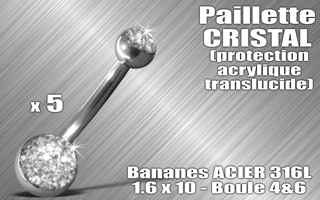 lot de 5 bananes acier 316 l - 1.6 x 10 - boules 4 et 6 mm - paillette cristal - protection acrylique translucide