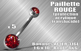 lot de 5 bananes acier 316 l - 1.6 x 10 - boules 4 et 6 mm - paillette rouge - protection acrylique translucide