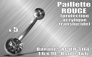 lot de 5 bananes acier 316 l - 1.6 x 10 - boules 4 et 6 mm - paillette noir (pas rouge) - protection acrylique translucide