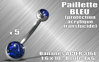 lot de 5 bananes acier 316 l - 1.6 x 10 - boules 4 et 6 mm - paillette bleu - protection acrylique translucide