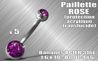 lot de 5 bananes acier 316 l - 1.6 x 10 - boules 4 et 6 mm - paillette rose - protection acrylique translucide