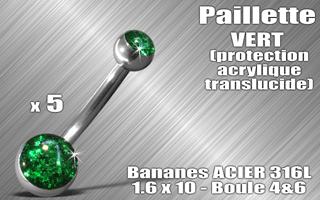 lot de 5 bananes acier 316 l - 1.6 x 10 - boules 4 et 6 mm - paillette vert - protection acrylique translucide