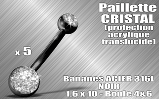 lot de 5 bananes acier noir 316 l - 1.6 x 10 - boules 4 et 6 mm - paillette cristal - protection acrylique translucide