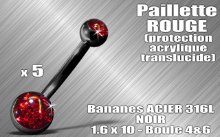 lot de 5 bananes acier noir 316 l - 1.6 x 10 - boules 4 et 6 mm - paillette rouge - protection acrylique translucide