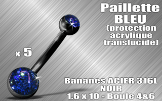 lot de 5 bananes acier noir 316 l - 1.6 x 10 - boules 4 et 6 mm - paillette bleu - protection acrylique translucide