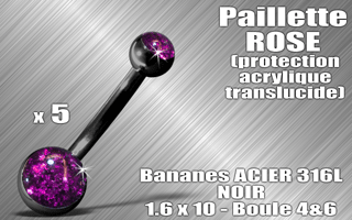lot de 5 bananes acier noir 316 l - 1.6 x 10 - boules 4 et 6 mm - paillette rose - protection acrylique translucide