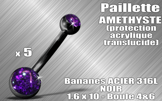lot de 5 bananes acier noir 316 l - 1.6 x 10 - boules 4 et 6 mm - paillette amethyste - protection acrylique translucide