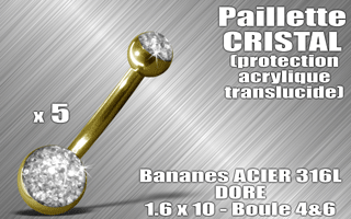 lot de 5 bananes acier dore 316 l - 1.6 x 10 - boules 4 et 6 mm - paillette cristal - protection acrylique translucide