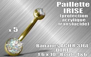 lot de 5 bananes acier dore 316 l - 1.6 x 10 - boules 4 et 6 mm - paillette irise - protection acrylique translucide