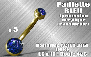 lot de 5 bananes acier dore 316 l - 1.6 x 10 - boules 4 et 6 mm - paillette bleu - protection acrylique translucide