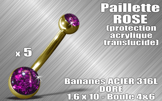 lot de 5 bananes acier dore 316 l - 1.6 x 10 - boules 4 et 6 mm - paillette rose - protection acrylique translucide
