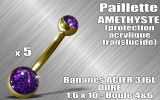 lot de 5 bananes acier dore 316 l - 1.6 x 10 - boules 4 et 6 mm - paillette amethyste - protection acrylique translucide