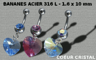 lot de 3 bananes acier avec pendentif coeur en cristal - 1.6 x 10 - acier 316l