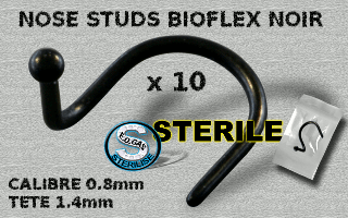lot de 10 nose studs bioflex noir stérilises - 0.8 mm - tete 1.4 mm - mentions au dos du sachet : matiere du bijou - date de peremption - type de sterilisation