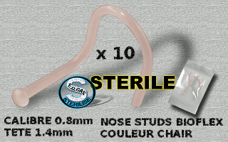 Lot de 4 nose studs bioflex stérilises couleur chair - 0.8 mm - tete 1.4 mm - mentions au dos du sachet : matiere du bijou - date de peremption - type de sterilisation