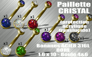 lot de 10 bananes 1.6 x 10 - boules 4&6 - acier 316 or - paillettes avec protection acrylique translucides.