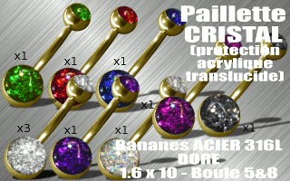 lot de 10 bananes 1.6 x 10 - boules 5&8 - acier 316 or - paillettes avec protection acrylique translucides.