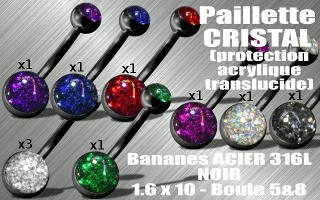 lot de 10 bananes 1.6 x 10 - boules 5&8 - acier 316 noir - paillettes avec protection acrylique translucides.
