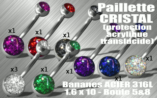 lot de 10 bananes 1.6 x 10 - boules 5&8 - acier 316 - paillettes avec protection acrylique translucides.