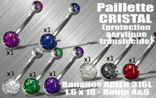 lot de 10 bananes 1.6 x 10 - boules 4&6 - acier 316 - paillettes avec protection acrylique translucides.