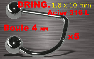 lot de 5 d-ring 1.6 x 10 - boules 4 mm - acier 316l